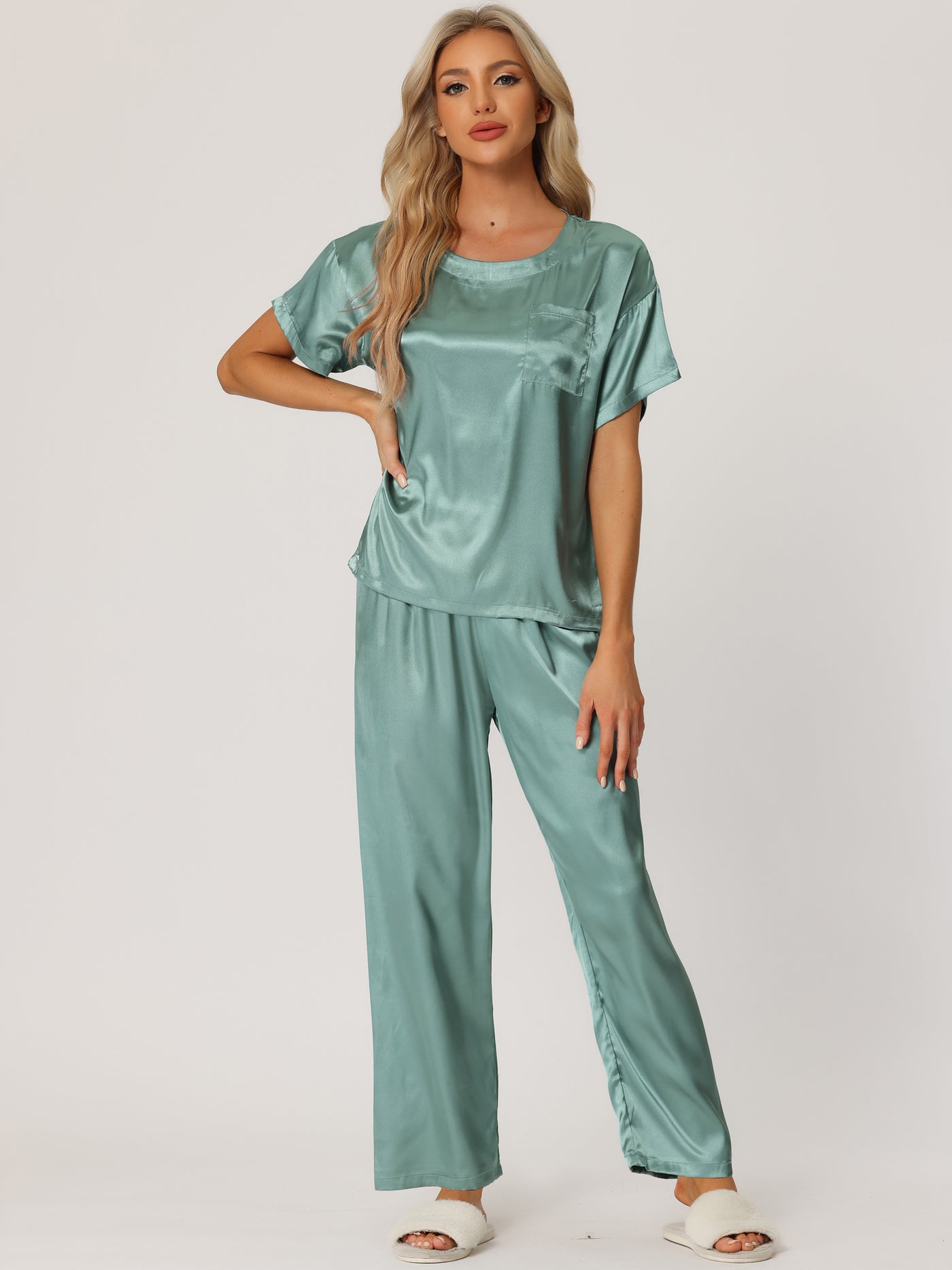 Bublédon Womens Satin Pajamas Summer Outfits Short Sleeves Tops with Pants Silky Lounge Sets