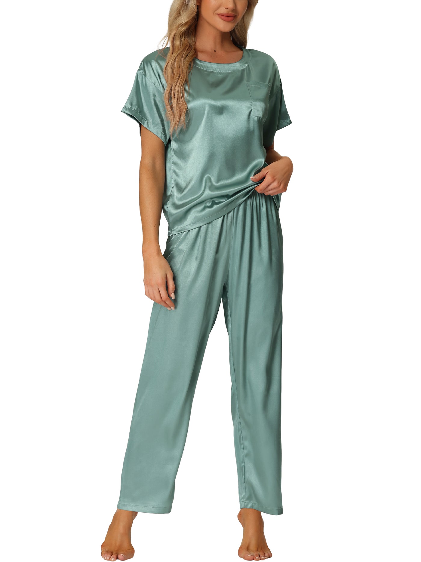 Bublédon Womens Satin Pajamas Summer Outfits Short Sleeves Tops with Pants Silky Lounge Sets