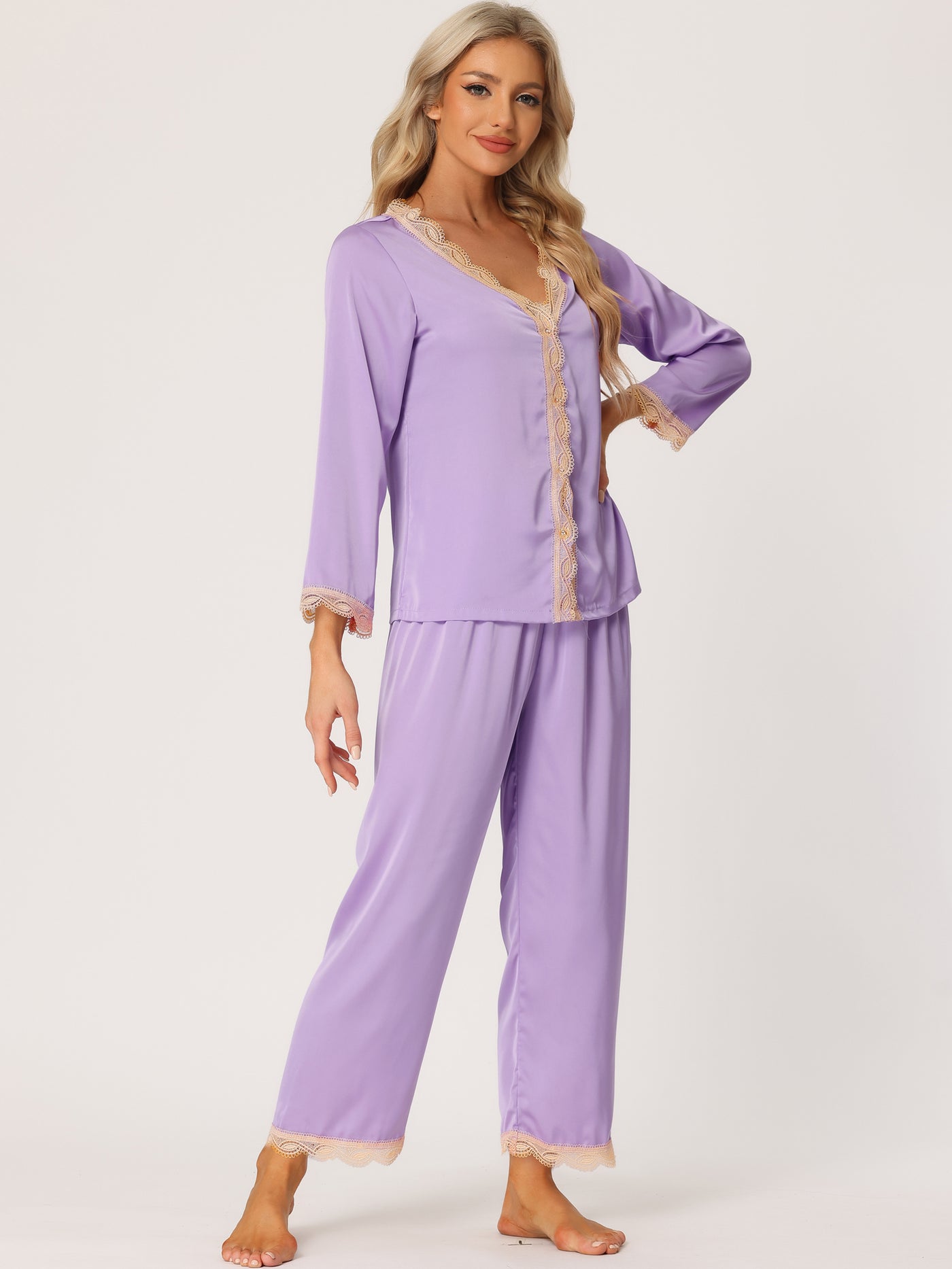 Bublédon Women's Satin Lounge Sleepwear Night Suits V Neck Lace Trim Pajama Sets