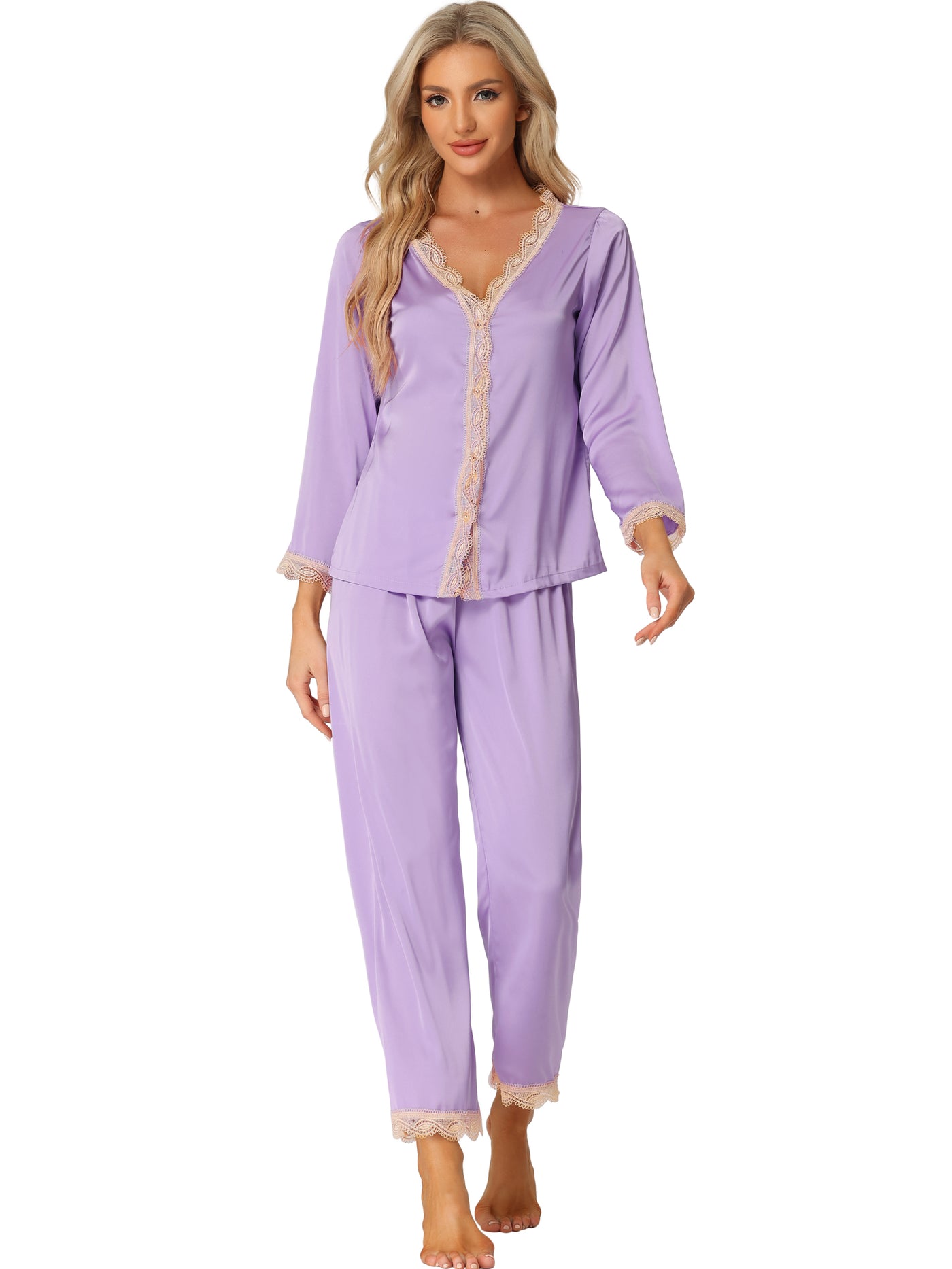 Bublédon Women's Satin Lounge Sleepwear Night Suits V Neck Lace Trim Pajama Sets