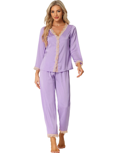 Women's Satin Lounge Sleepwear Night Suits V Neck Lace Trim Pajama Sets