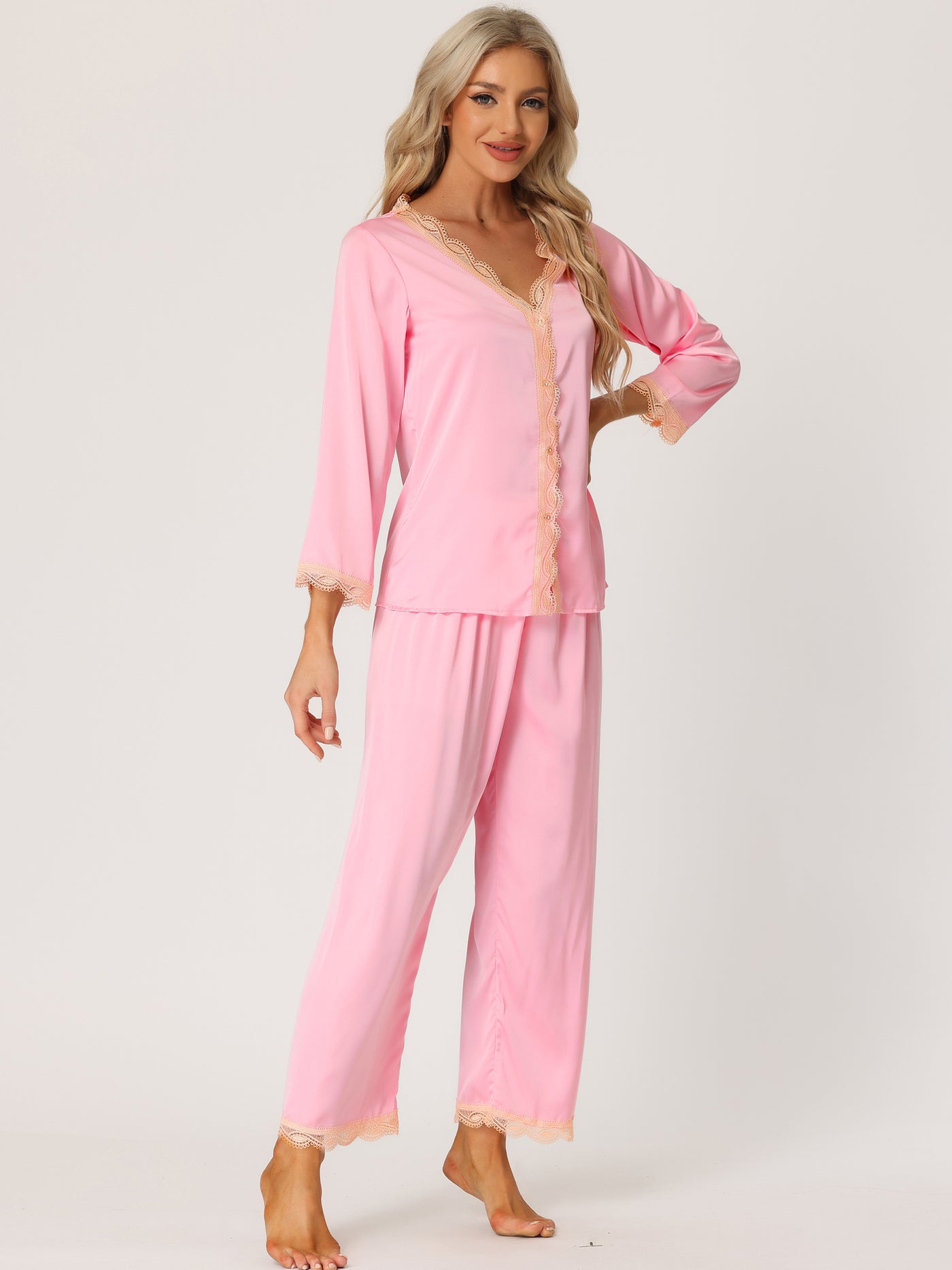 Bublédon Women's Satin Lounge Sleepwear Night Suits V Neck Lace Trim Pajama Sets