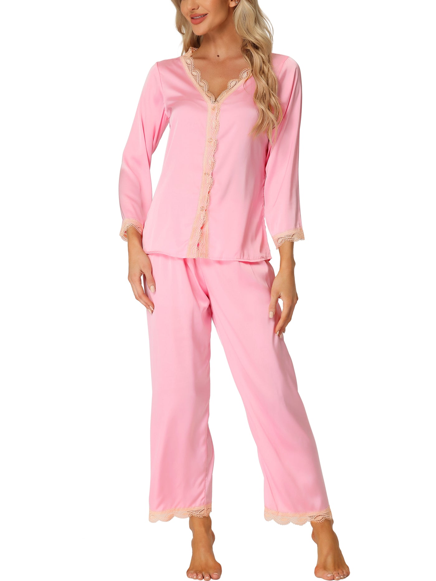 Bublédon Women's Satin Lounge Sleepwear Night Suits V Neck Lace Trim Pajama Sets