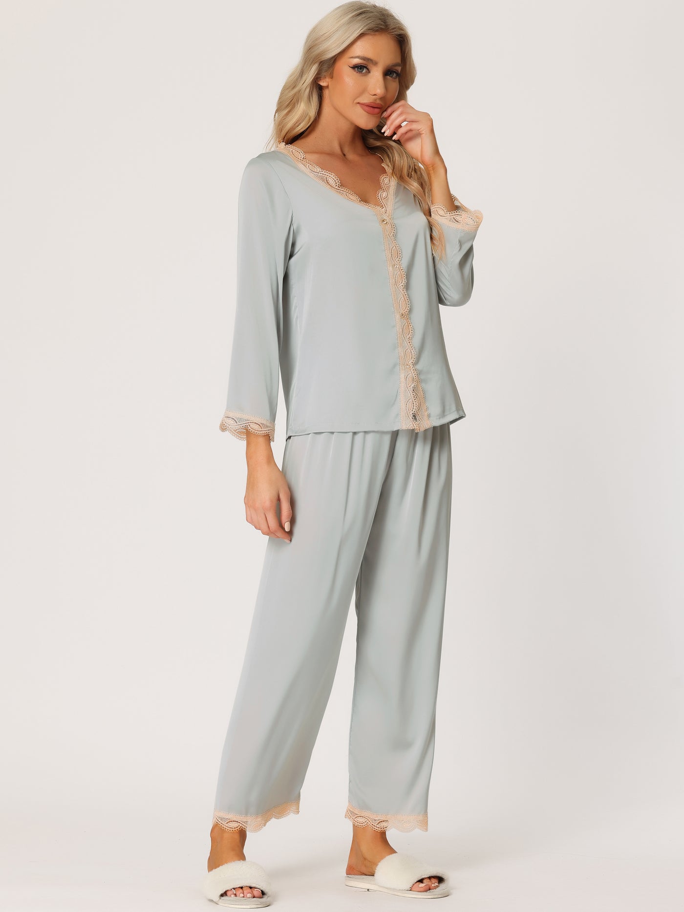 Bublédon Women's Satin Lounge Sleepwear Night Suits V Neck Lace Trim Pajama Sets