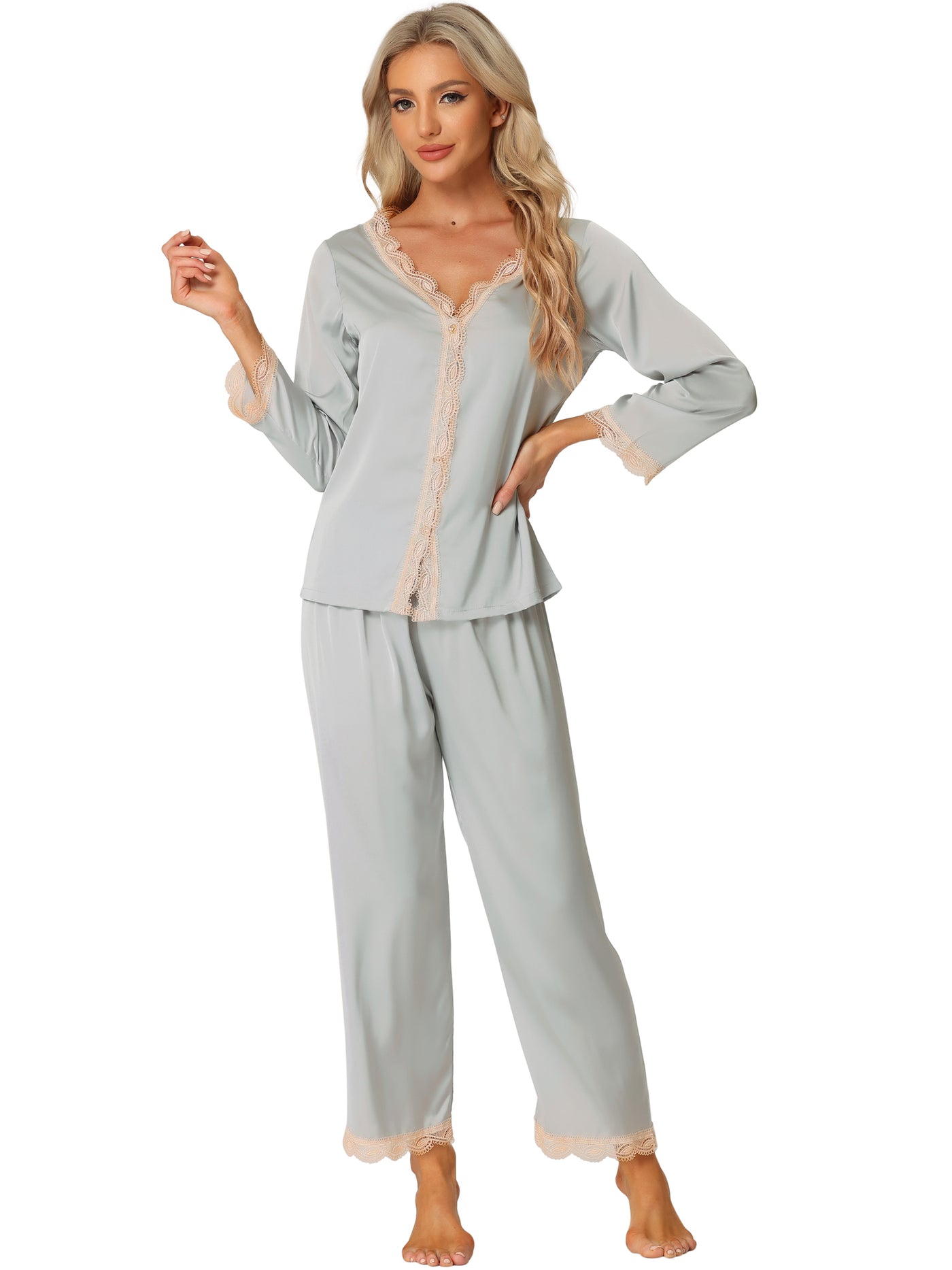 Bublédon Women's Satin Lounge Sleepwear Night Suits V Neck Lace Trim Pajama Sets