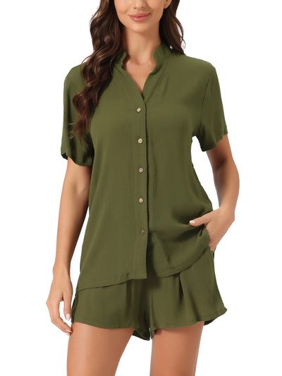 Womens 2 Piece Pajama Sets Short Sleeve Button Down Shirt and Shorts with Pocket V Neck Sleepwear