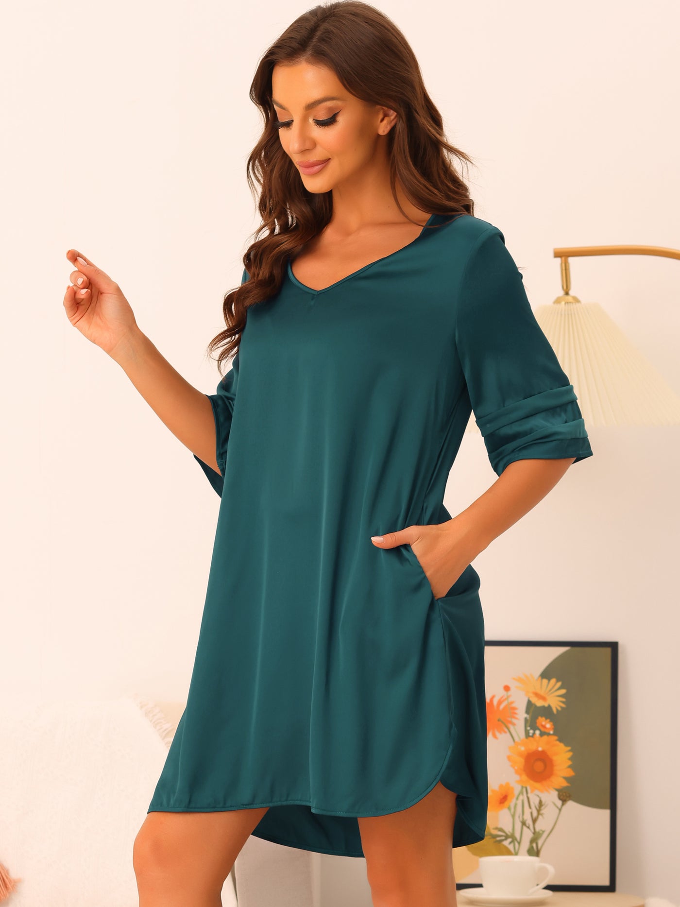 Bublédon Women Satin Nightshirt V Neck Short Sleeve Sleepshirt Basic Pajama Nightgown with Pockets