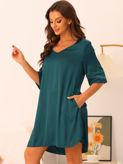 Women Satin Nightshirt V Neck Short Sleeve Sleepshirt Basic Pajama Nightgown with Pockets