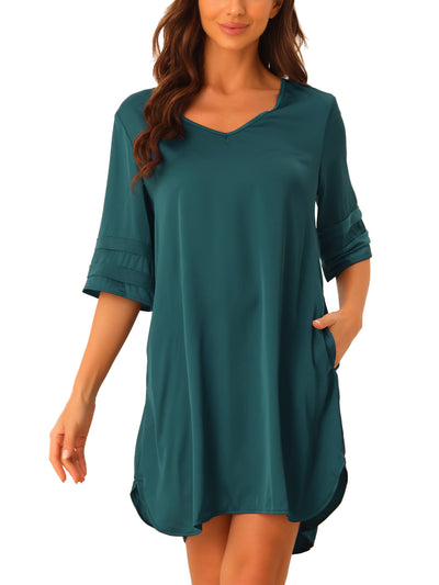 Women Satin Nightshirt V Neck Short Sleeve Sleepshirt Basic Pajama Nightgown with Pockets