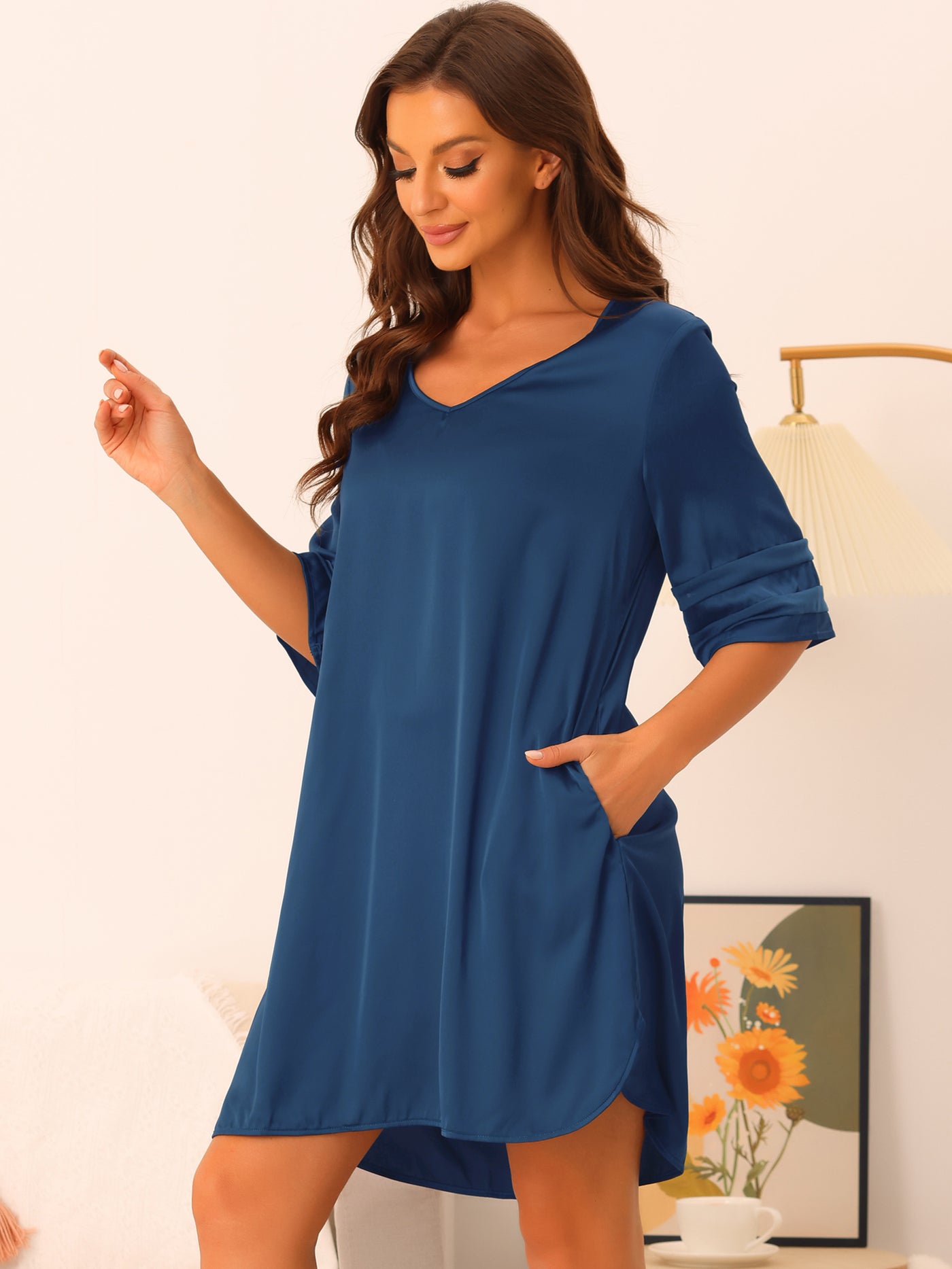 Bublédon Women Satin Nightshirt V Neck Short Sleeve Sleepshirt Basic Pajama Nightgown with Pockets