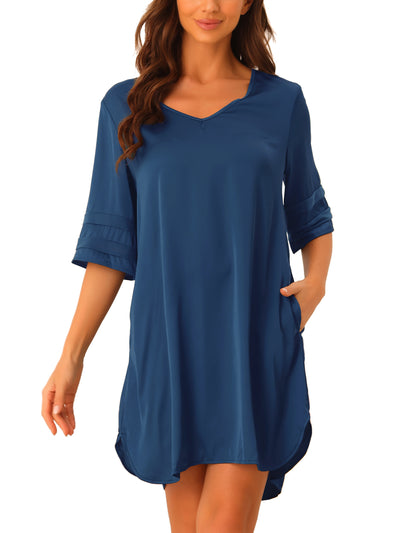 Women Satin Nightshirt V Neck Short Sleeve Sleepshirt Basic Pajama Nightgown with Pockets