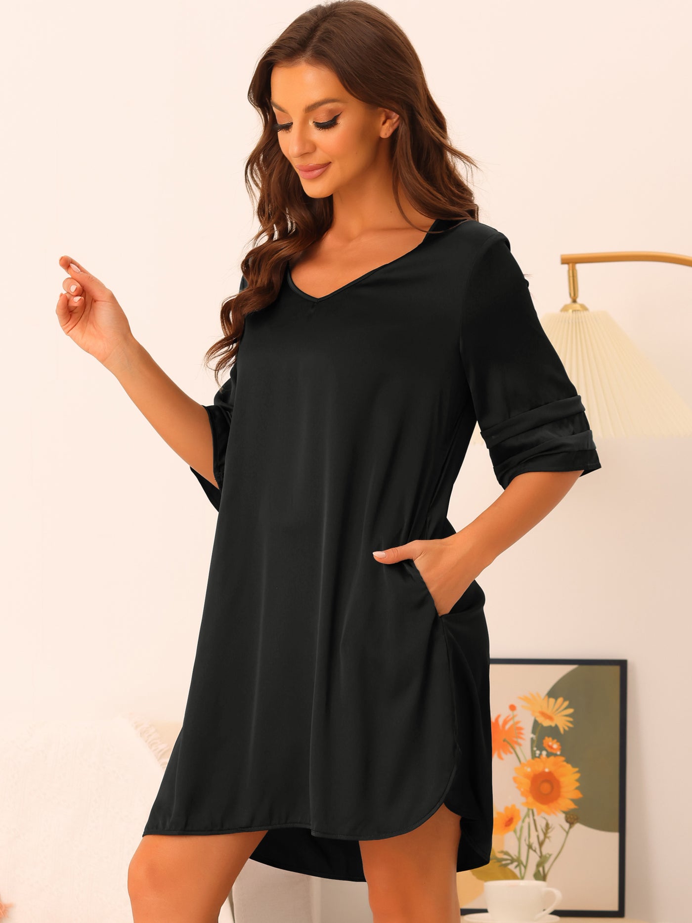 Bublédon Women Satin Nightshirt V Neck Short Sleeve Sleepshirt Basic Pajama Nightgown with Pockets