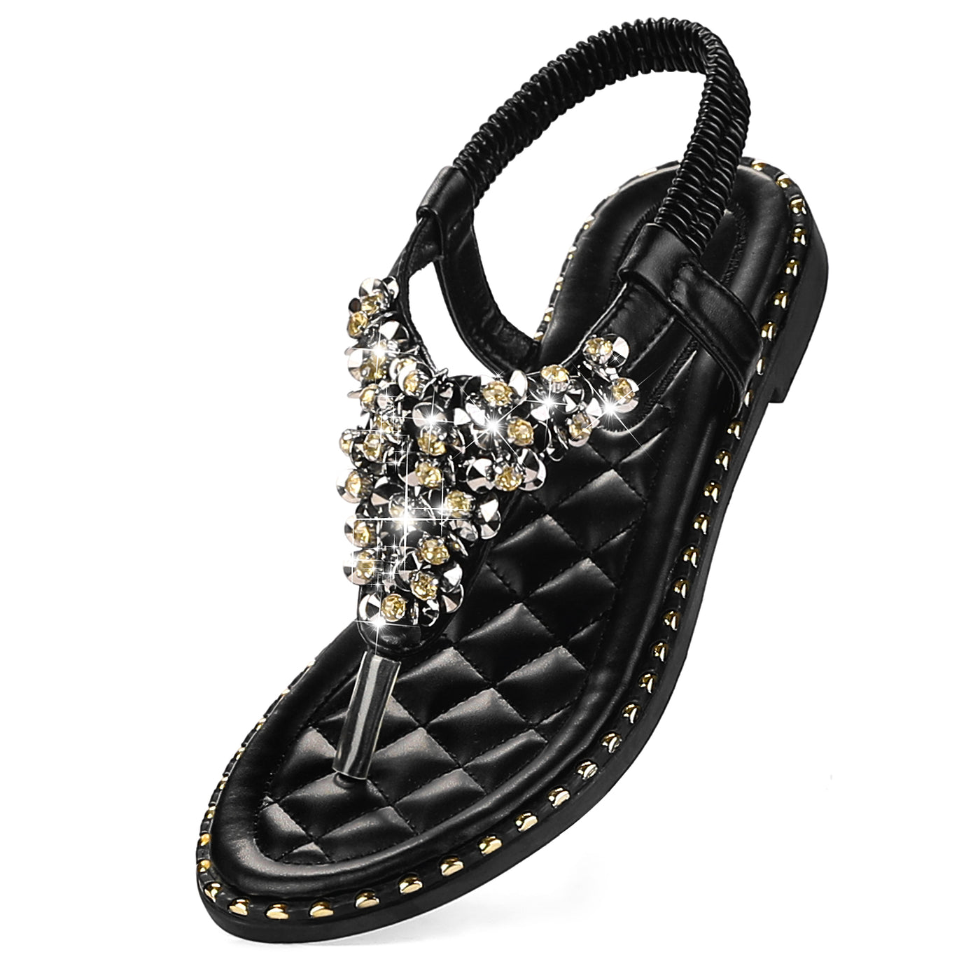 Bublédon Rhinestone Elastic T-Strap Bohemian Casual Dressy Sandals for Women