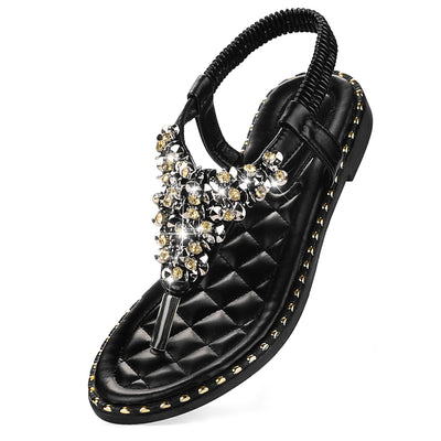 Rhinestone Elastic T-Strap Bohemian Casual Dressy Sandals for Women