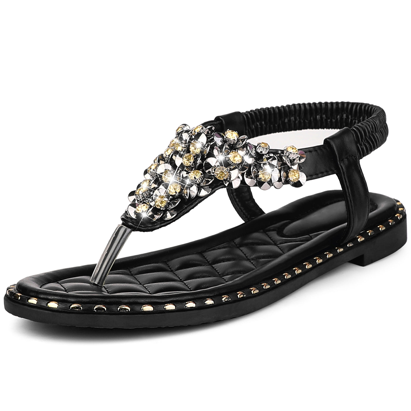 Bublédon Rhinestone Elastic T-Strap Bohemian Casual Dressy Sandals for Women