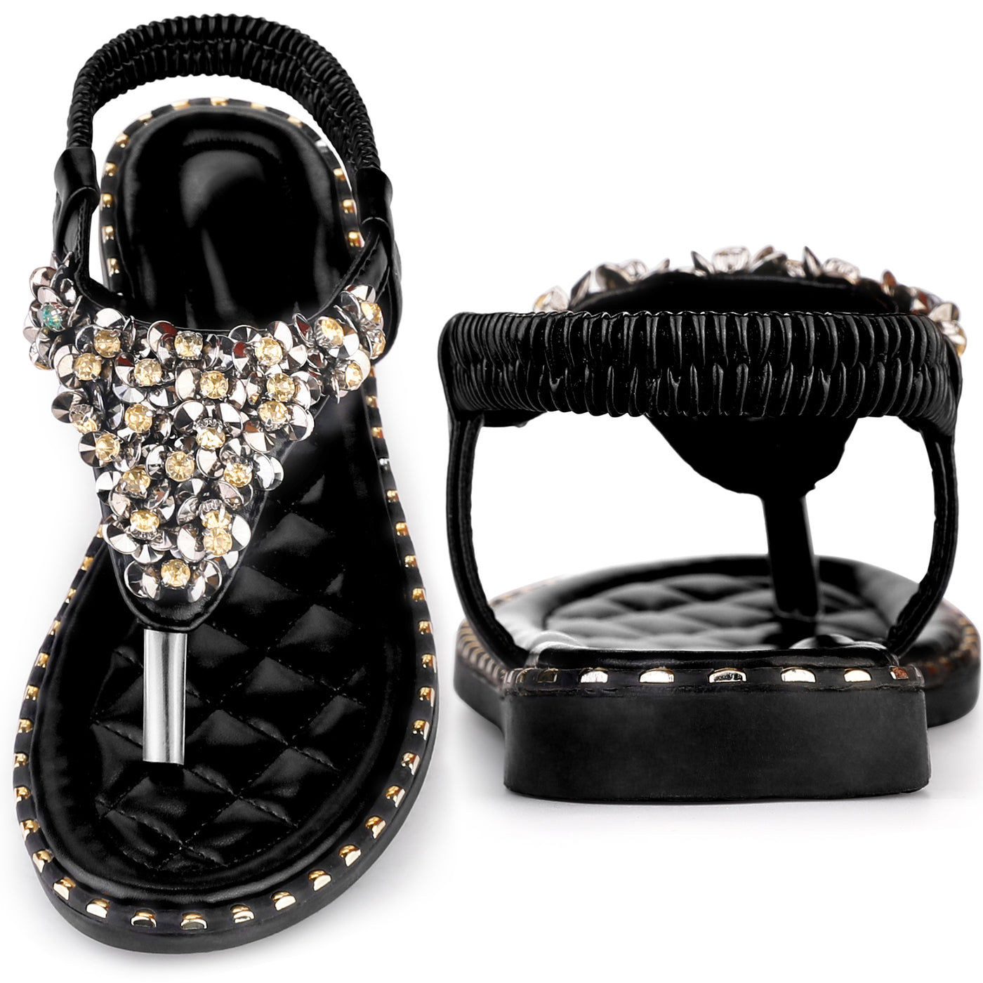 Bublédon Rhinestone Elastic T-Strap Bohemian Casual Dressy Sandals for Women