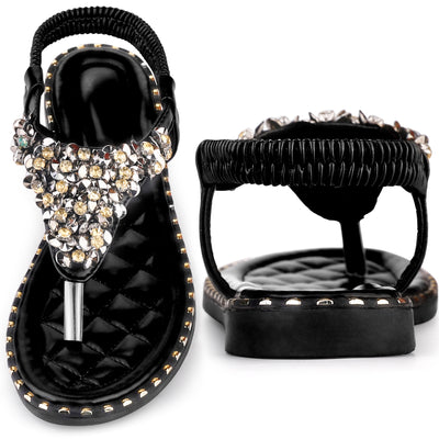 Rhinestone Elastic T-Strap Bohemian Casual Dressy Sandals for Women