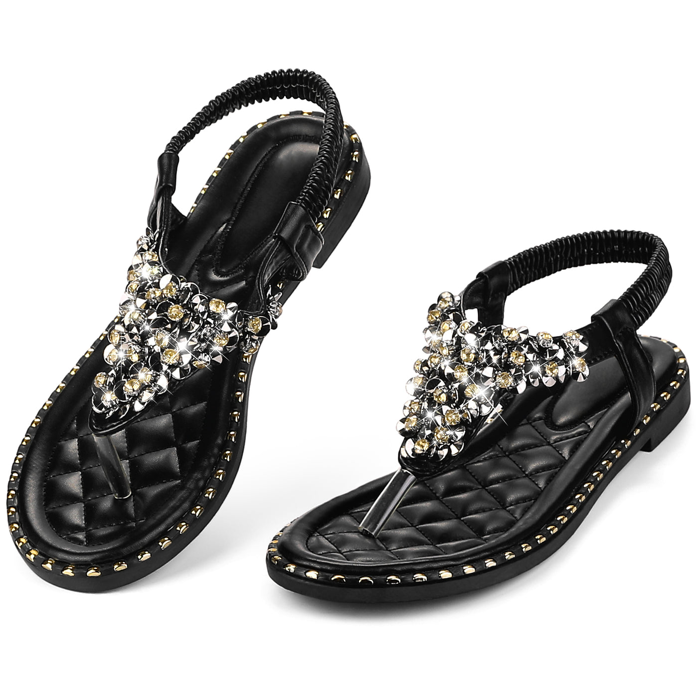 Bublédon Rhinestone Elastic T-Strap Bohemian Casual Dressy Sandals for Women