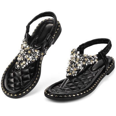 Rhinestone Elastic T-Strap Bohemian Casual Dressy Sandals for Women