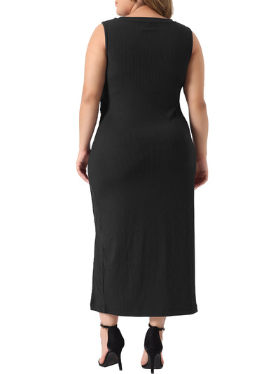 Plus Size Bodycon Dress for Women Elegant Knit Slit Tank Midi Ruched Sleeveless Summer Dresses