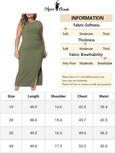 Plus Size Bodycon Dress for Women Elegant Knit Slit Tank Midi Ruched Sleeveless Summer Dresses