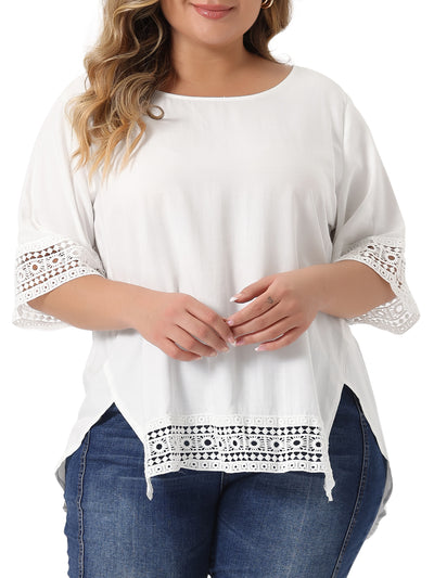 Plus Size Solid Color Hollow Out Lace Crochet Crew Neck Side Split Blouse