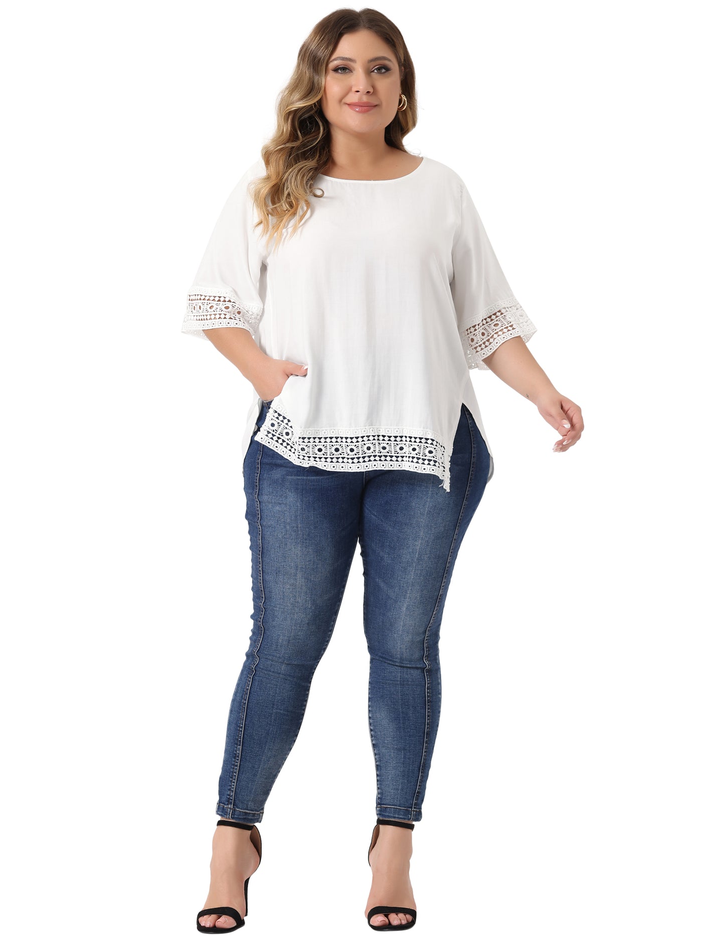 Bublédon Plus Size Solid Color Hollow Out Lace Crochet Crew Neck Side Split Blouse