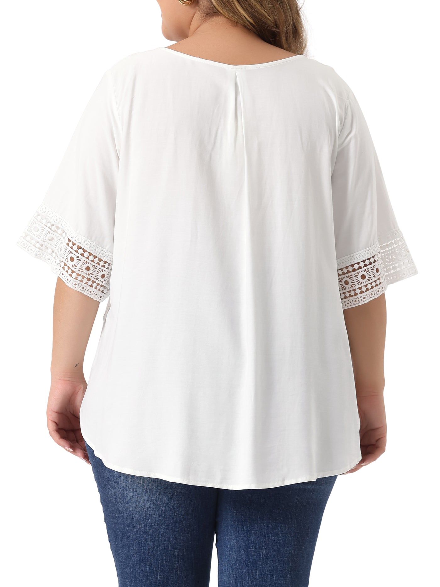 Bublédon Plus Size Solid Color Hollow Out Lace Crochet Crew Neck Side Split Blouse