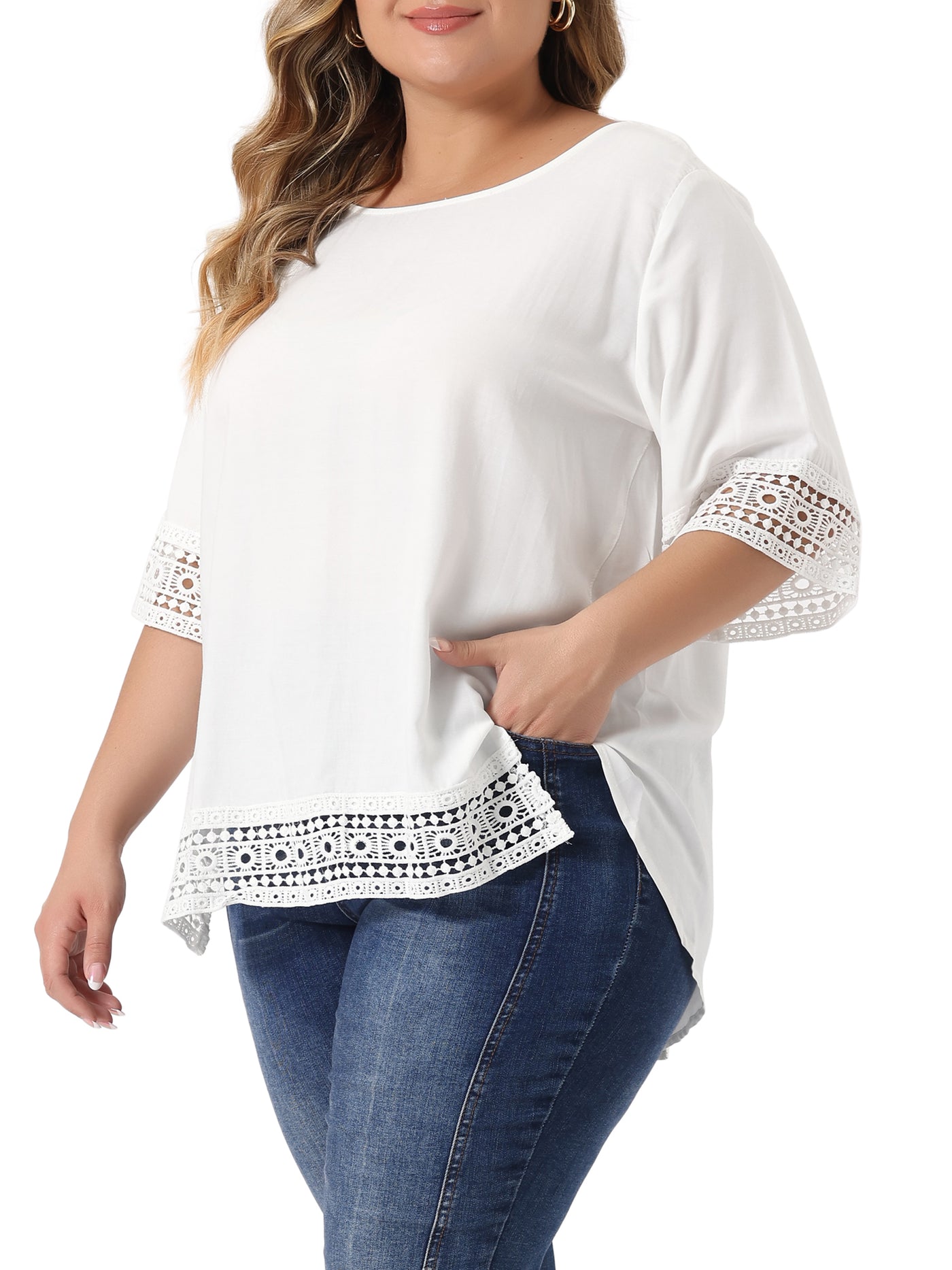 Bublédon Plus Size Solid Color Hollow Out Lace Crochet Crew Neck Side Split Blouse