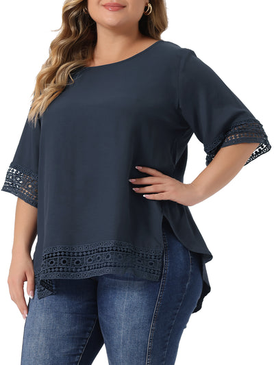 Plus Size Solid Color Hollow Out Lace Crochet Crew Neck Side Split Blouse