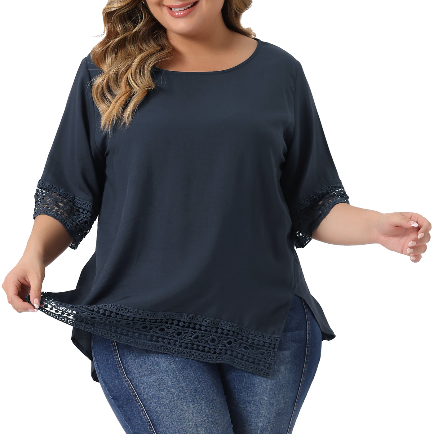 Bublédon Plus Size Solid Color Hollow Out Lace Crochet Crew Neck Side Split Blouse