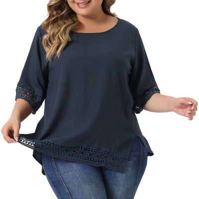 Plus Size Solid Color Hollow Out Lace Crochet Crew Neck Side Split Blouse