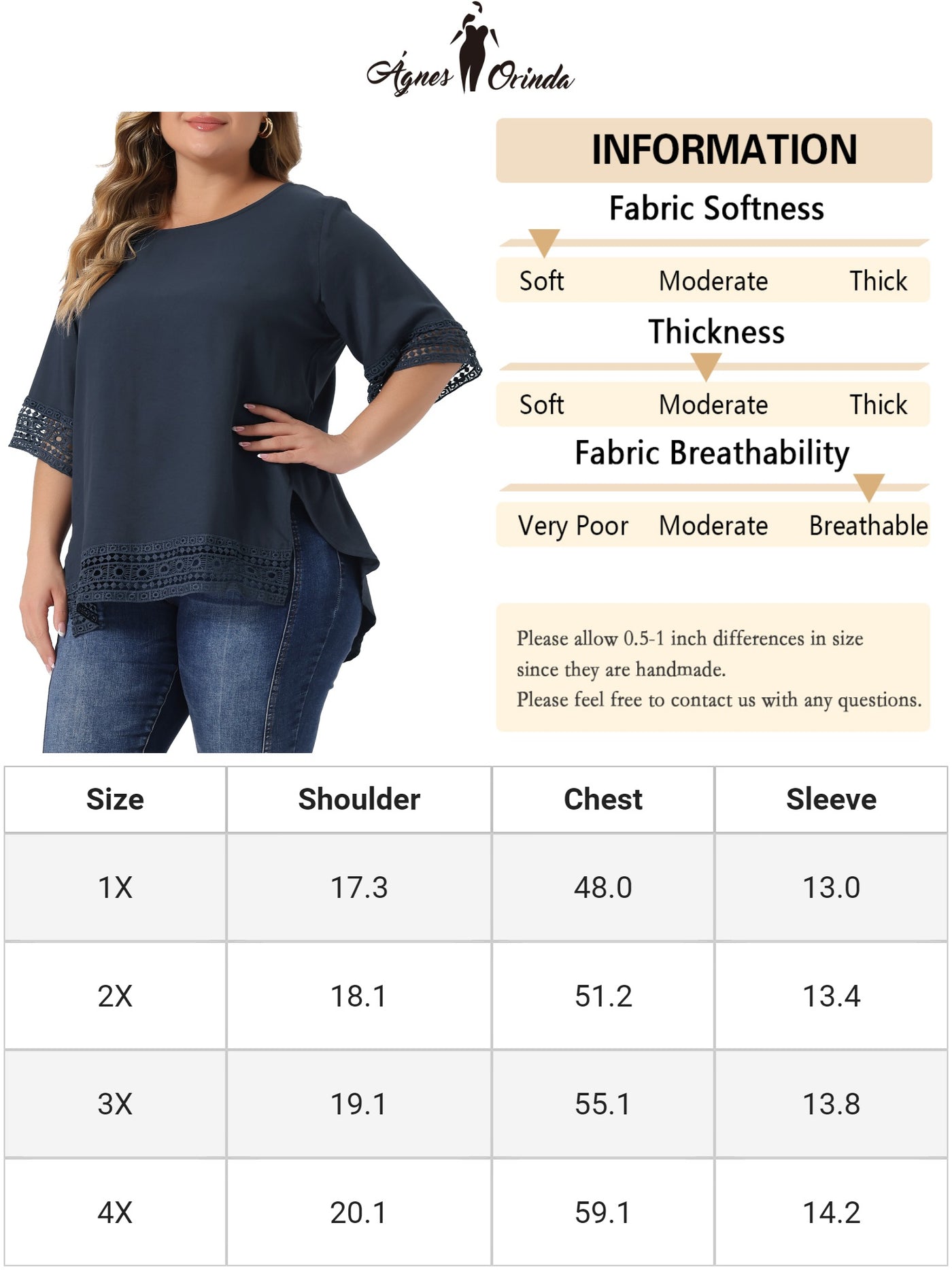 Bublédon Plus Size Solid Color Hollow Out Lace Crochet Crew Neck Side Split Blouse