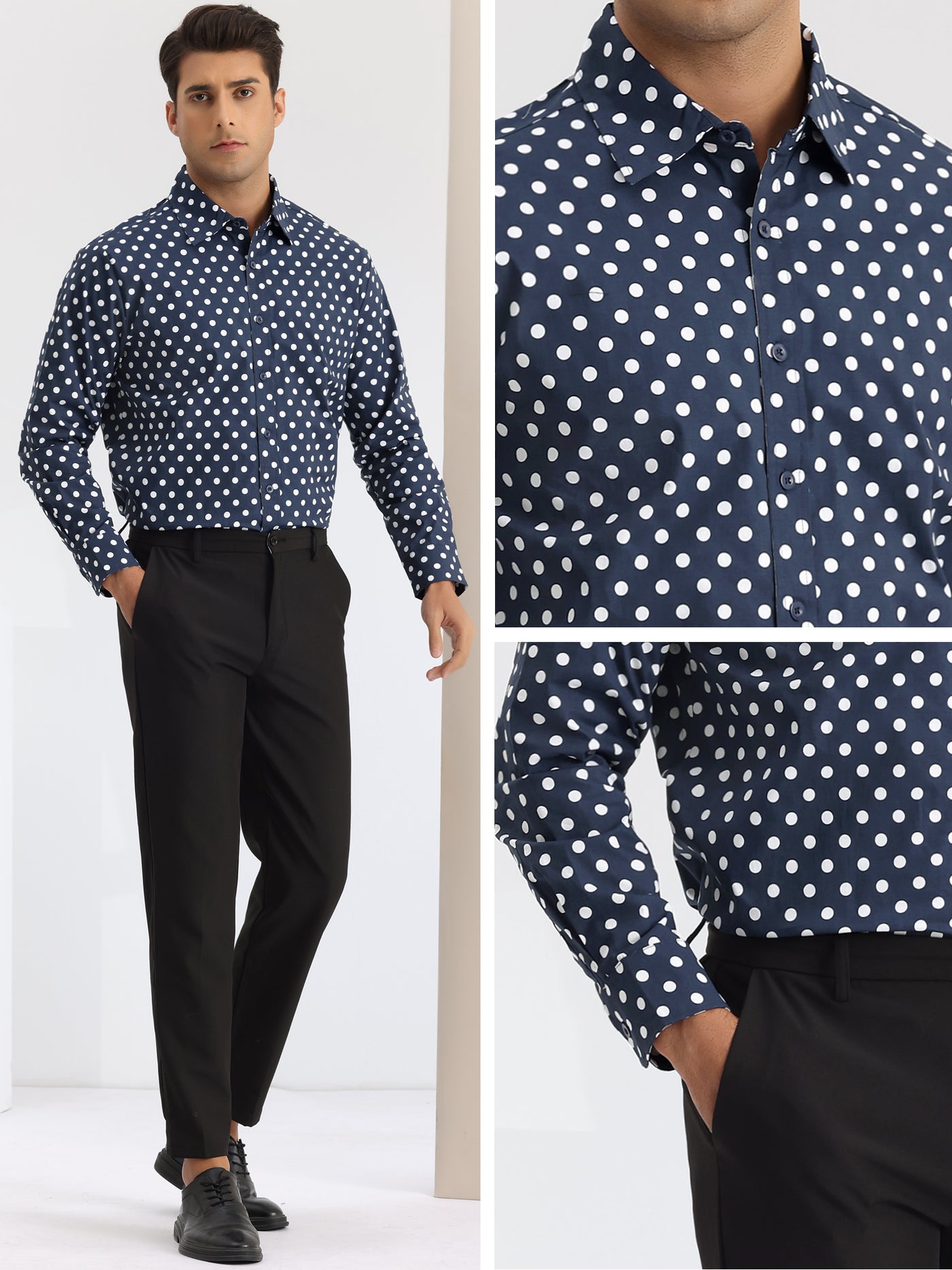 Bublédon Polka Dots Pattern Shirt for Men's Long Sleeves Color Block Business Shirts