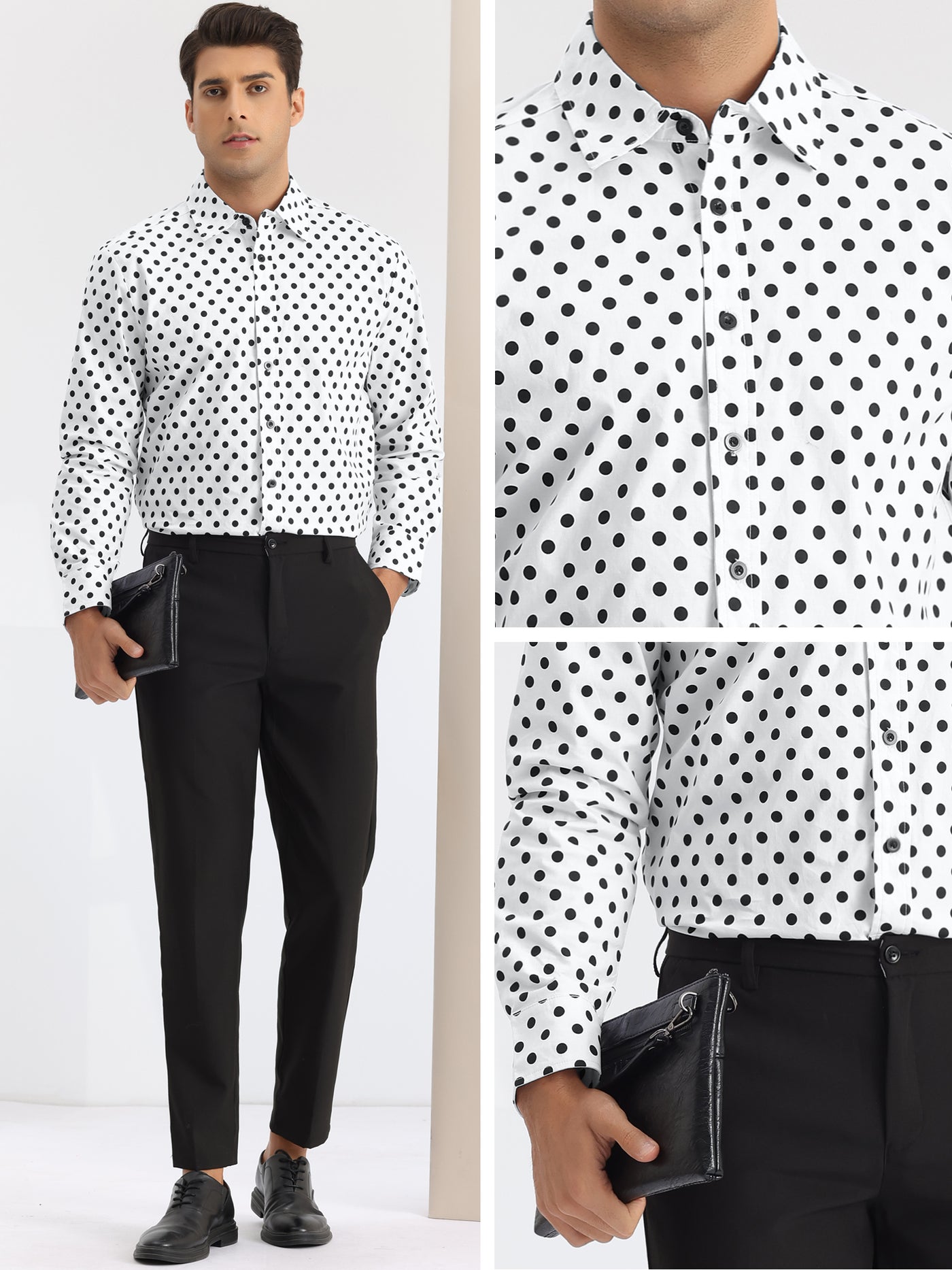 Bublédon Polka Dots Pattern Shirt for Men's Long Sleeves Color Block Business Shirts