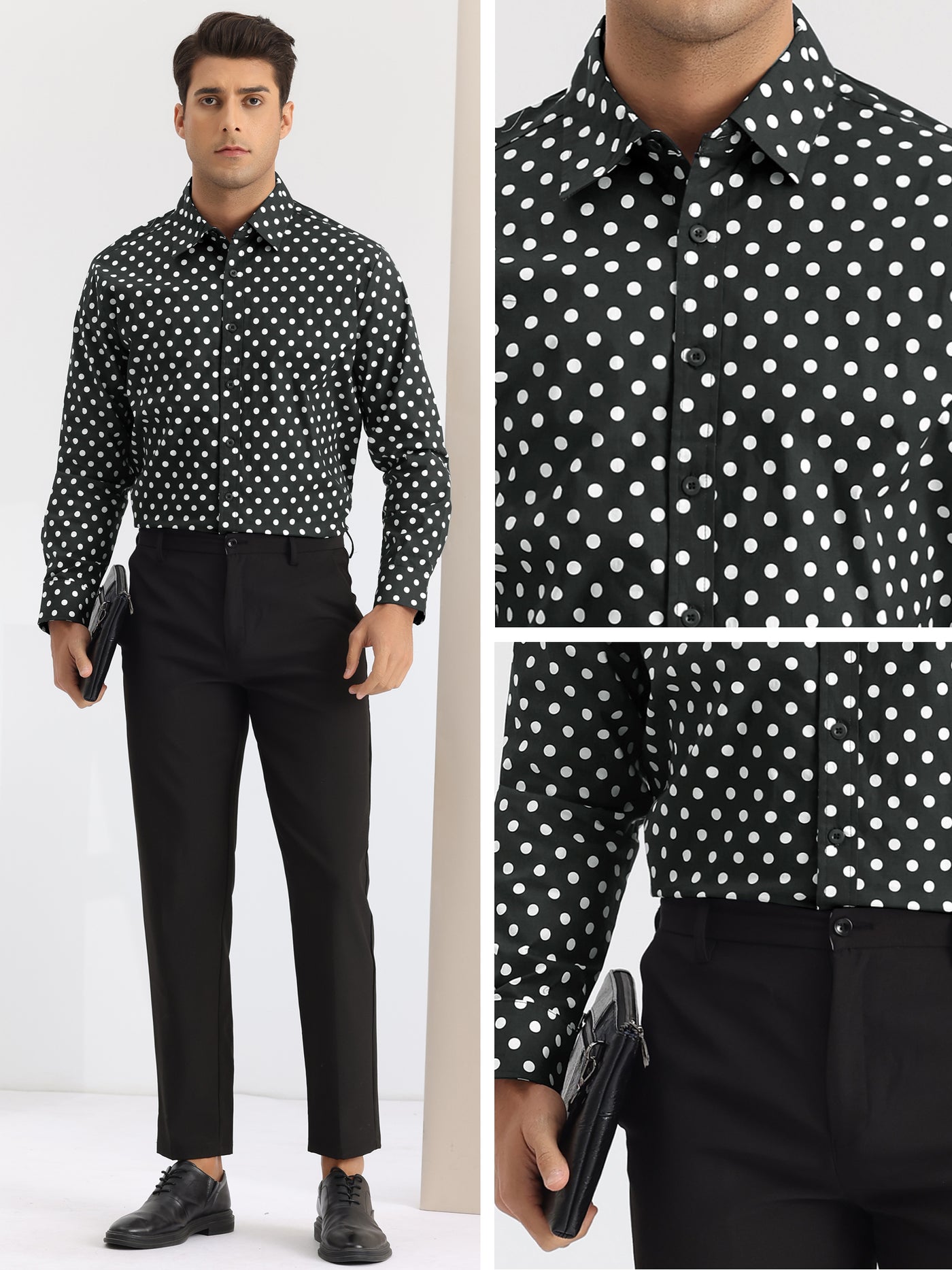 Bublédon Polka Dots Pattern Shirt for Men's Long Sleeves Color Block Business Shirts