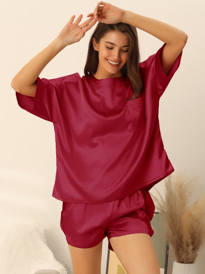 Bublédon Womens Satin Sleepwear 2 Piece Lounge Shorts and Short Sleeves T-Shirt with Pockets Soft Pajama Sets