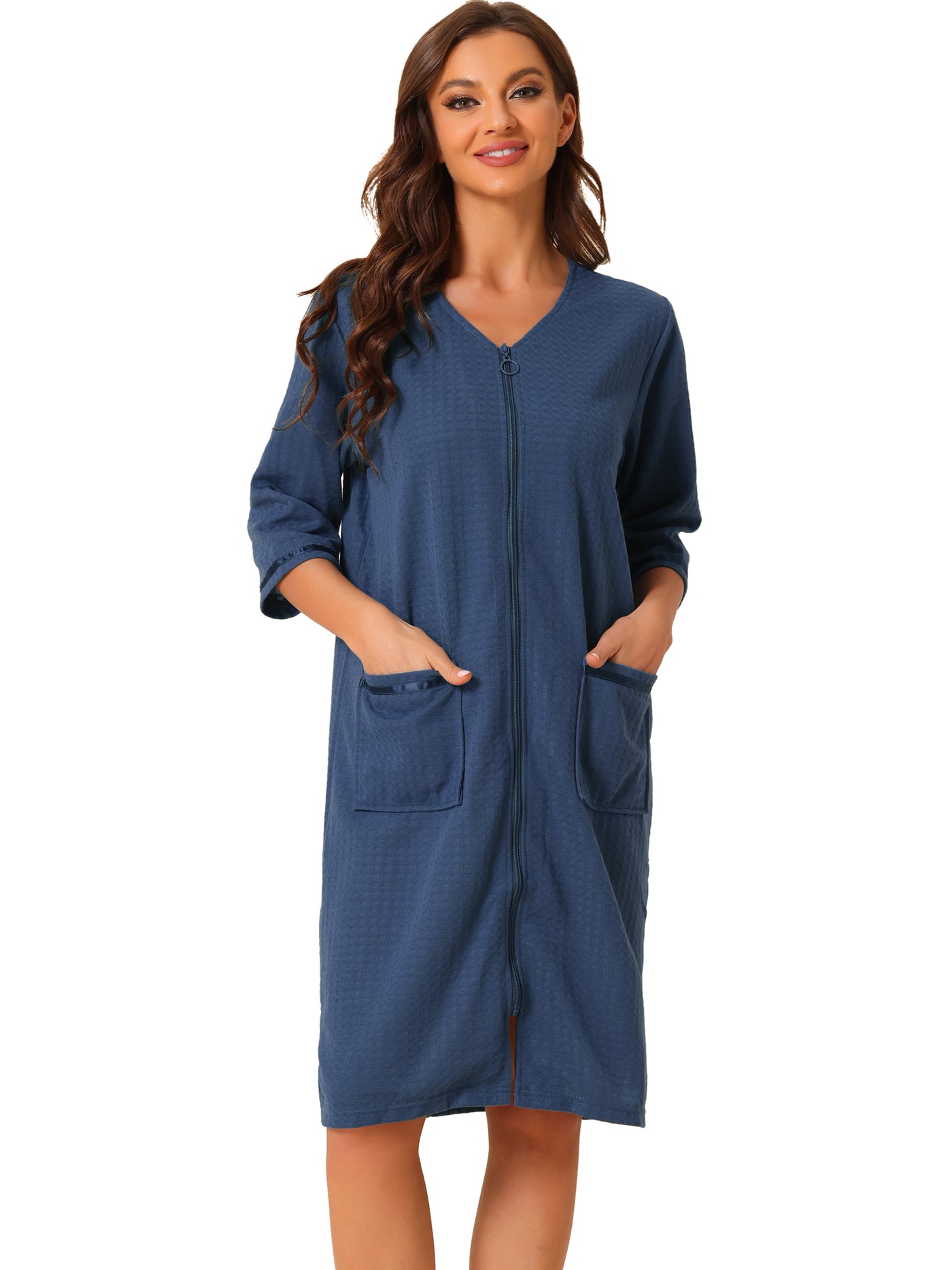 Bublédon Womens Waffle Pajama 3/4 Sleeves Spa Bathrobe Loungewear Zipper Up Robes