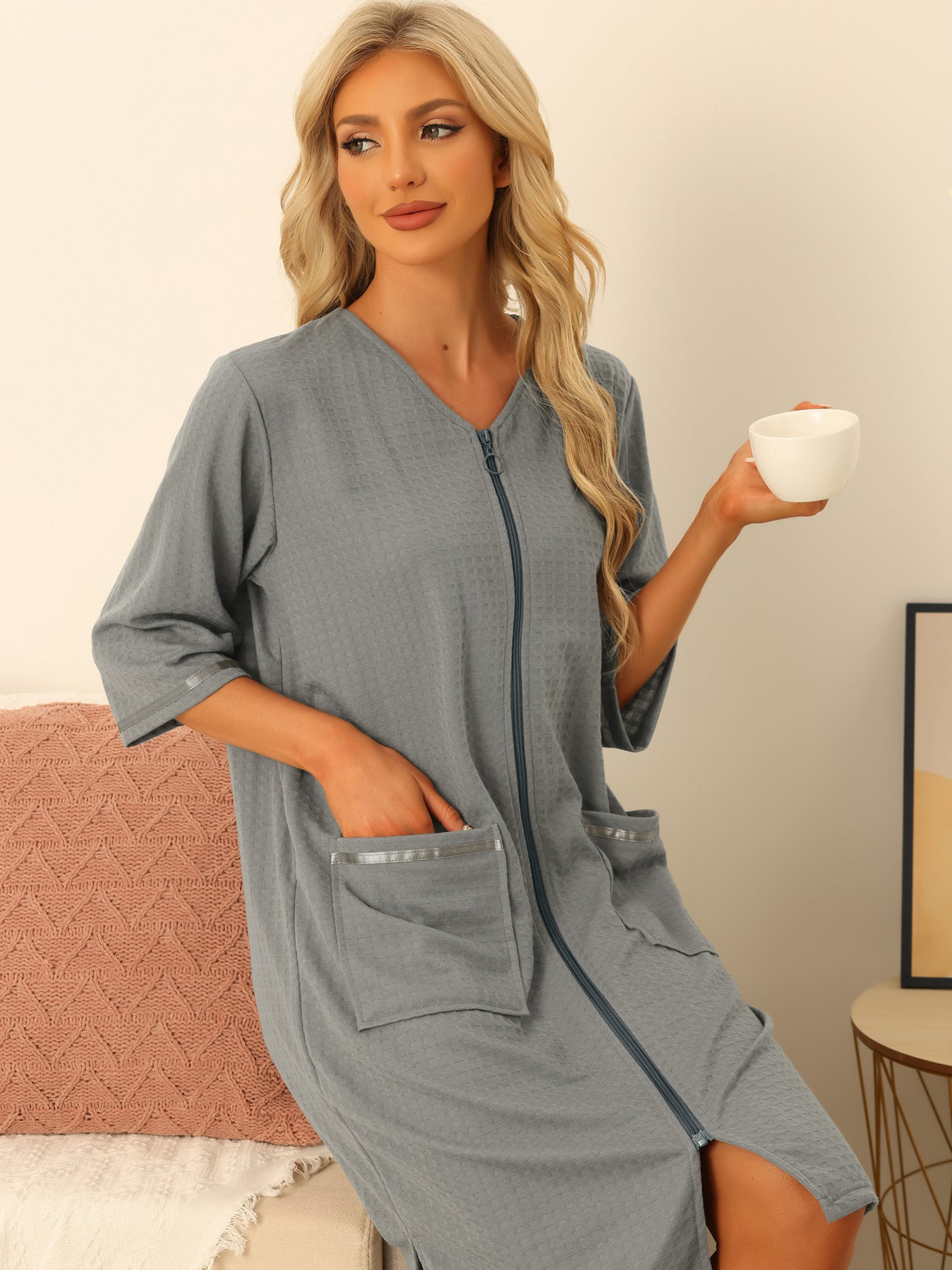 Bublédon Womens Waffle Pajama 3/4 Sleeves Spa Bathrobe Loungewear Zipper Up Robes