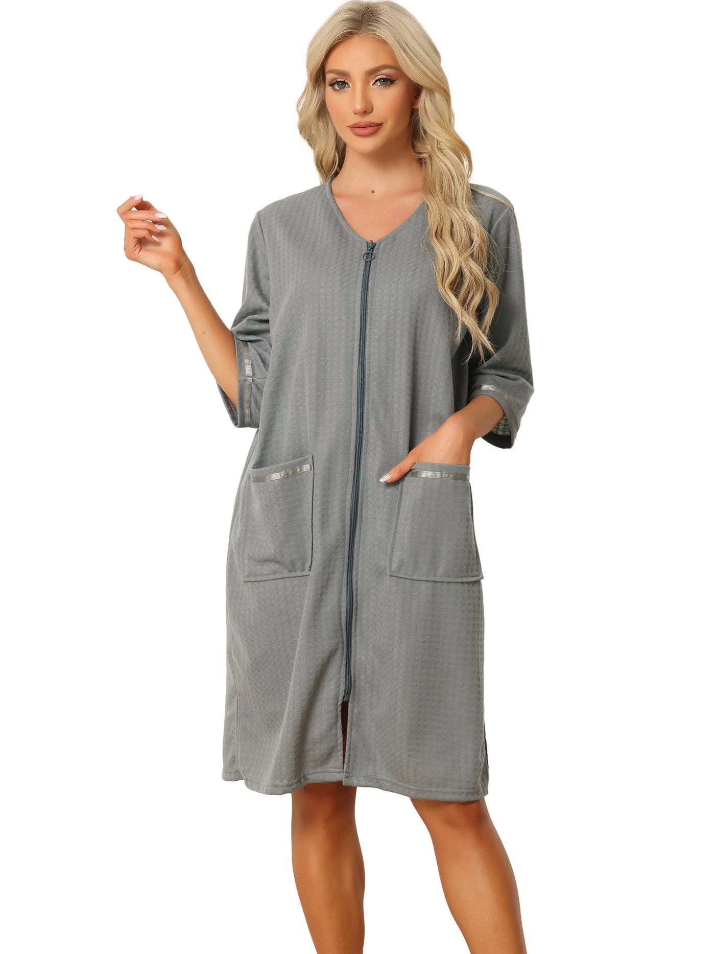 Bublédon Womens Waffle Pajama 3/4 Sleeves Spa Bathrobe Loungewear Zipper Up Robes