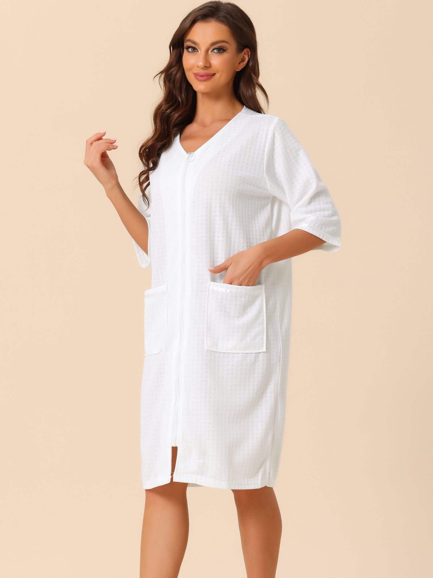 Bublédon Womens Waffle Pajama 3/4 Sleeves Spa Bathrobe Loungewear Zipper Up Robes