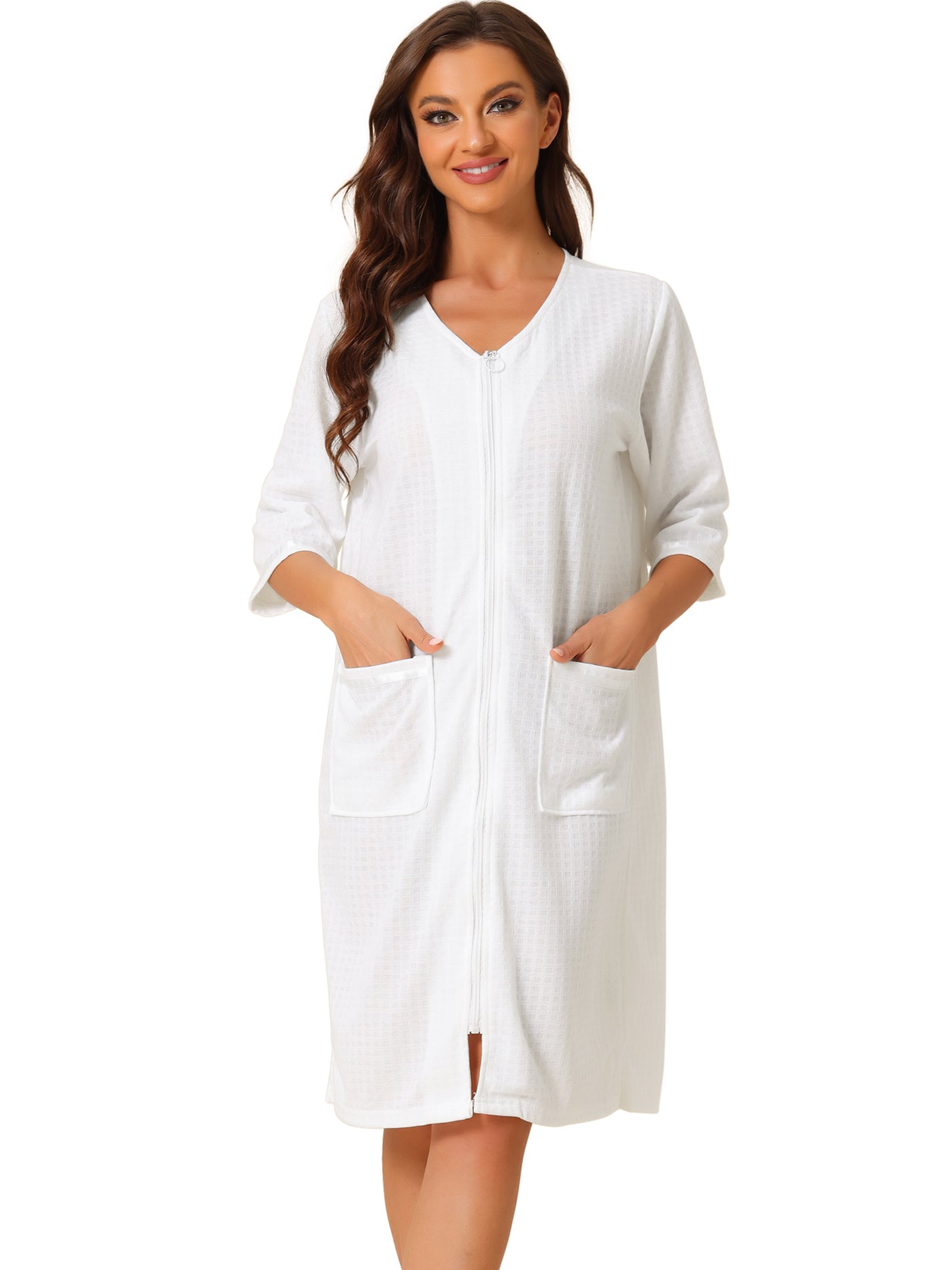 Bublédon Womens Waffle Pajama 3/4 Sleeves Spa Bathrobe Loungewear Zipper Up Robes