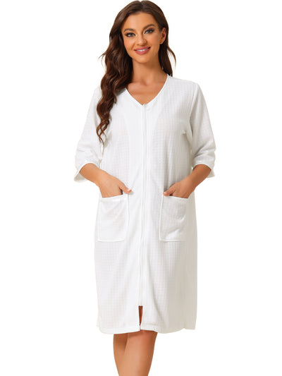 Womens Waffle Pajama 3/4 Sleeves Spa Bathrobe Loungewear Zipper Up Robes