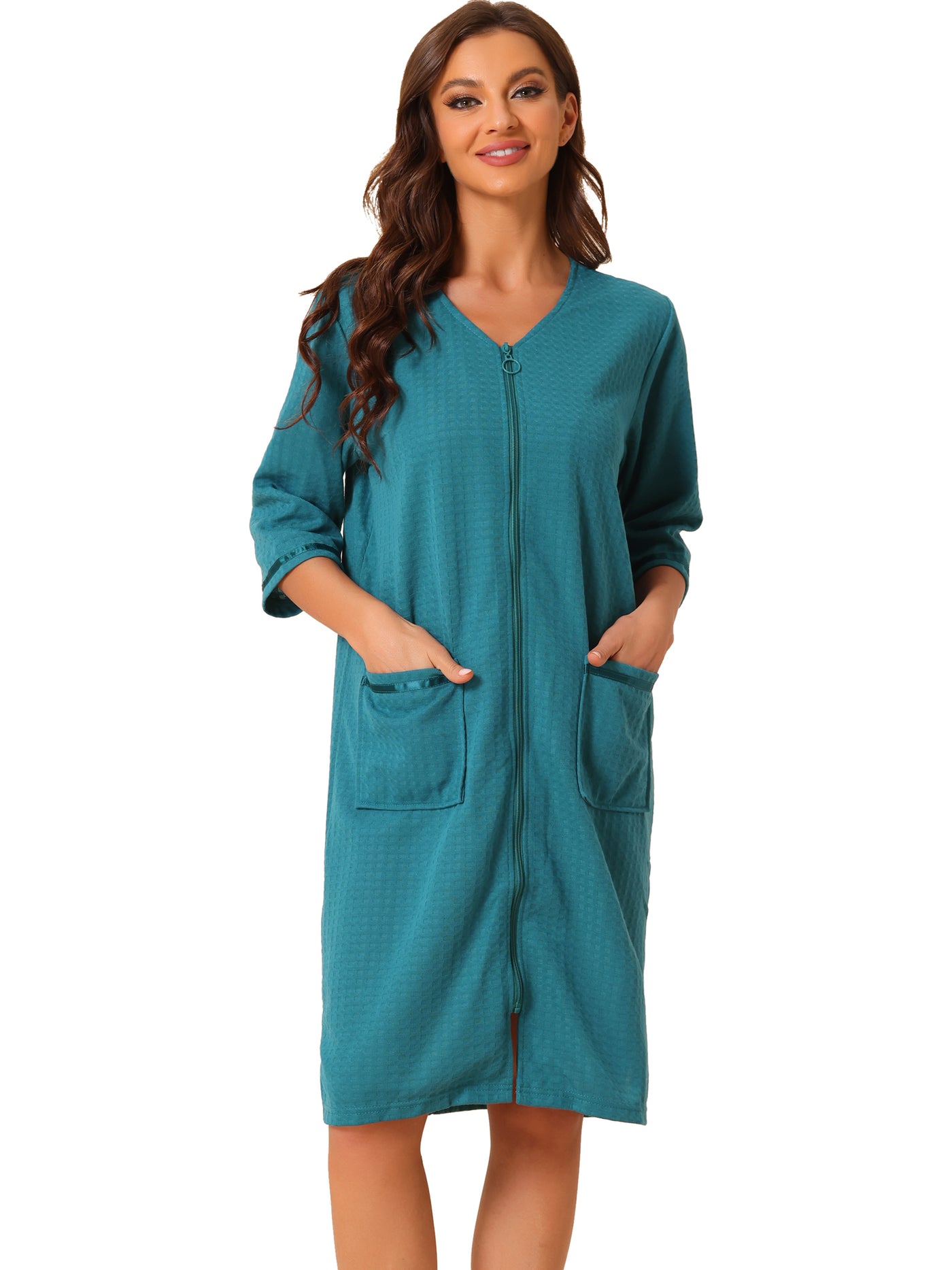 Bublédon Womens Waffle Pajama 3/4 Sleeves Spa Bathrobe Loungewear Zipper Up Robes