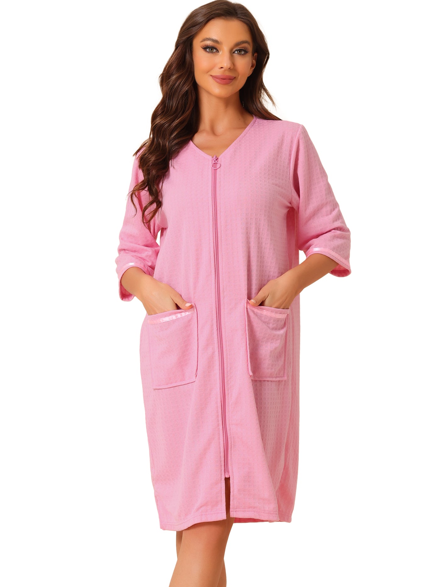 Bublédon Womens Waffle Pajama 3/4 Sleeves Spa Bathrobe Loungewear Zipper Up Robes