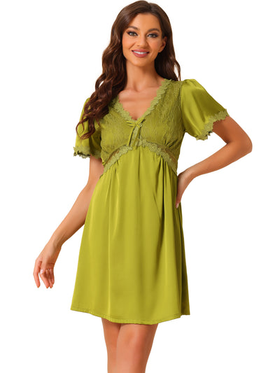 Womens Pajamas Short Sleeves V Neck Sleepwear Lace Trim Lounge Nightgowns