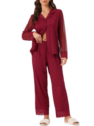 Women Button Down Shirt Sheer Mesh Sleeve with Long Pants Pajama Set Sleepwear