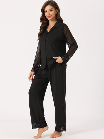 Women Button Down Shirt Sheer Mesh Sleeve with Long Pants Pajama Set Sleepwear