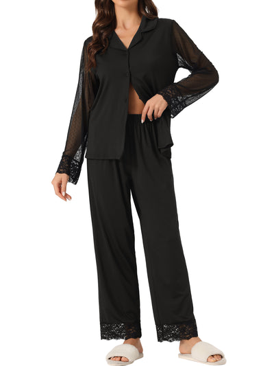 Women Button Down Shirt Sheer Mesh Sleeve with Long Pants Pajama Set Sleepwear