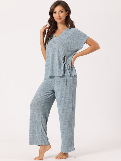 Bublédon Womens Lounge Outfits Ribbed Knit Short Sleeve Tops with Pants Soft Casual Pajama Sets